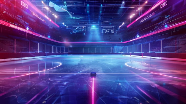 Photo this is a modern poster template with a hockey puck and red lines on an ice rink this background is based on a stadium or arena ice rink