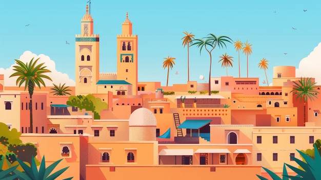 모로코의 포스터 디자인 모로코 건축 카드 디자인 수직 배경의 베르베르 건물 고대 도시 마라케시와 메디나 컬러 플래트 현대 일러스트레이션