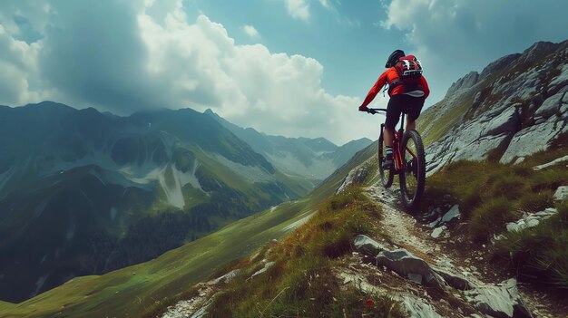 This is a mountain biking scene A fit young man in a red jersey and black shorts is riding his bike on a rocky trail in the mountains Premium AI generated image