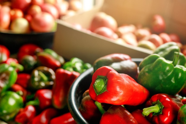 This is a new crop of vegetables from the village garden A lot of red ripe tomatoes and sweet peppers