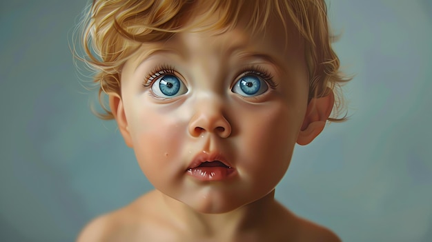 Photo this is a painting of a baby with big blue eyes and curly blond hair the baby is looking at the viewer with a curious expression