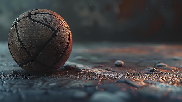 Foto questa è una foto di una palla da basket su un pavimento di cemento bagnato la palla da calcio è fatta di pelle e ha una consistenza unica