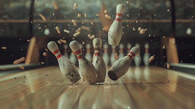 This is a photo of bowling pins being knocked down The pins are made of wood The bowling alley is made of wood