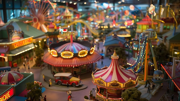 This is a photo of a colorful amusement park with a Ferris wheel a carousel and a roller coaster