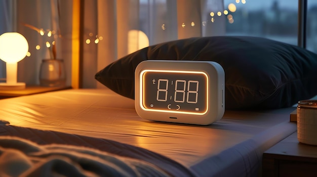 Photo this is a photo of a digital alarm clock on a nightstand the clock is white and has a large easytoread display