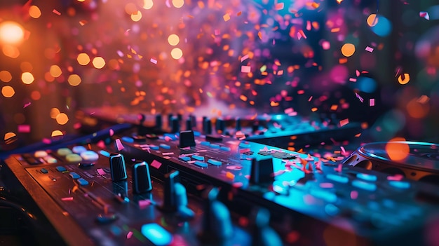 This is a photo of a dj mixer with confetti falling over it The mixer is lit up with blue and pink lights and the confetti is multicolored