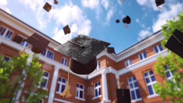 Photo this is a photo of a graduation ceremony the mortarboards are flying in the air the background is a blurred image of a university building