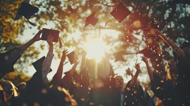 Photo this is a photo of a group of students celebrating their graduation they are throwing their caps in the air and confetti is falling