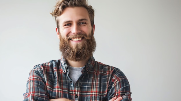 This is a photo of a handsome young man with a beard He is smiling and has his arms crossed He is wearing a plaid shirt