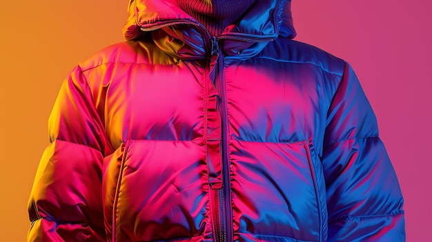 This is a photo of a model wearing a stylish winter jacket with a hood The jacket is a bright pink color and is made of a shiny material