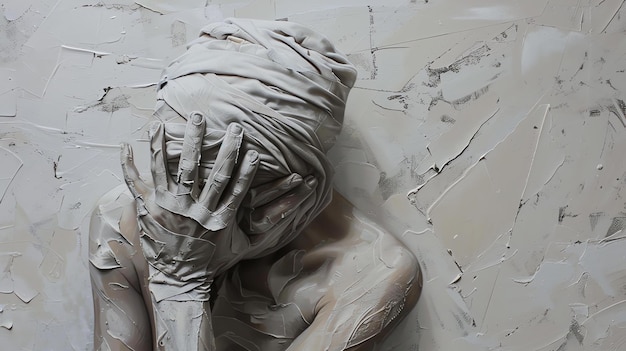 This is a photo of a person covered in white paint with their hands covering their face The person is standing against a white textured background
