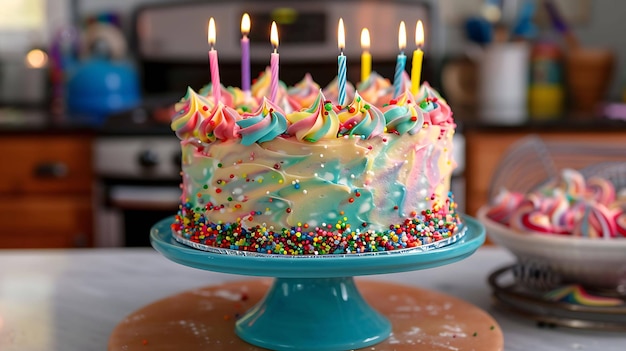 This is a photo of a rainbow birthday cake with six lit candles on top The cake is covered in colorful sprinkles and is sitting on a blue cake stand