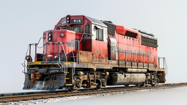 Photo this is a photo of a red and white train on a track the train is old and rusty with a number 916 on the front