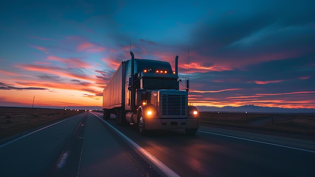 This is a photo of a semi truck driving during sunset