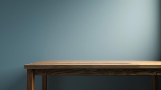 This is a photo of a wooden table in front of a blue wall The table is empty and has a smooth natural wood finish