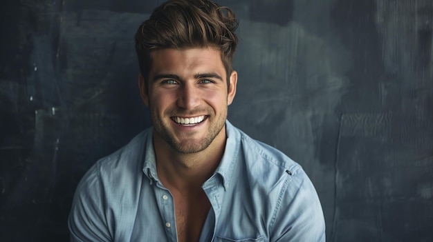 This is a photo of a young man smiling He has light brown hair and green eyes and is wearing a blue shirt