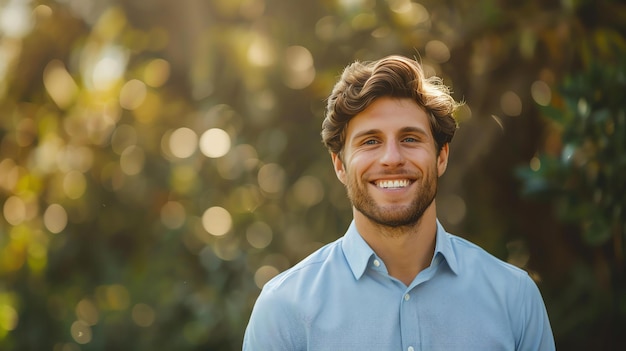 Это фотография улыбающегося молодого человека, он стоит в естественной обстановке, и солнце светит на его лицо.
