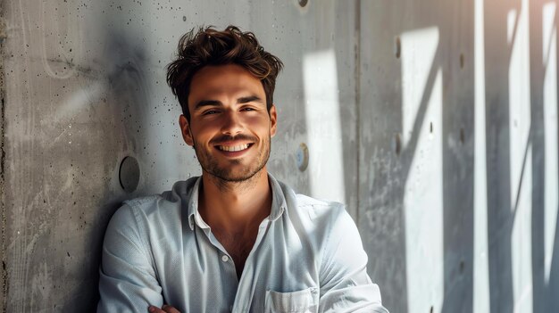 Photo this is a photo of a young man smiling he is wearing a white shirt and has his hair styled in a casual way