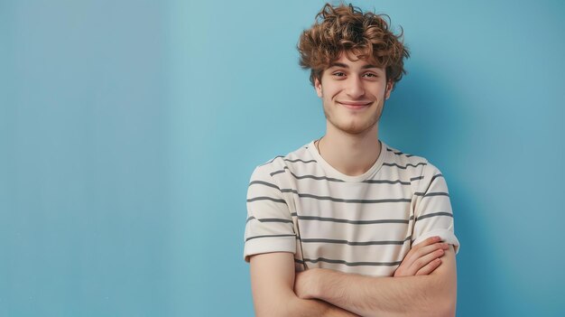 Foto questa è la foto di un giovane con i capelli ricci e una camicia a righe, sorride e ha le braccia incrociate.