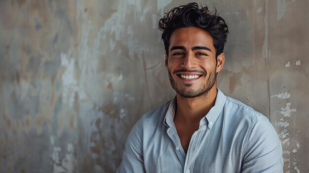 Photo this is a photo of a young man with dark hair and light eyes he is smiling and wearing a blue shirt the background is a grey concrete wall