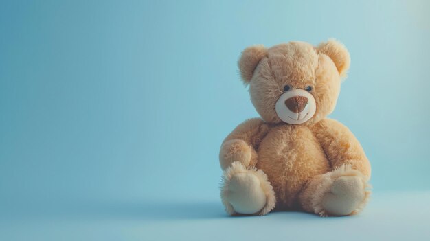 This is a photograph of a cute and cuddly teddy bear It is sitting on a blue background and looking at the camera with a friendly smile