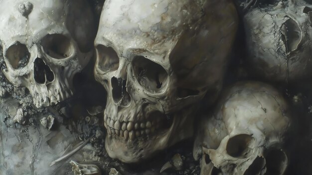 This is a photograph of a pile of skulls The skulls are all different sizes and shapes and they are all arranged in a haphazard way