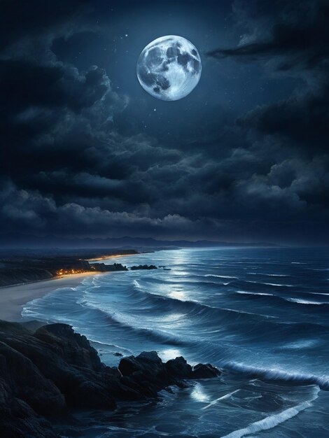 This is a photographic illustration of a beautiful midnight blue ocean moonrise along the coast with