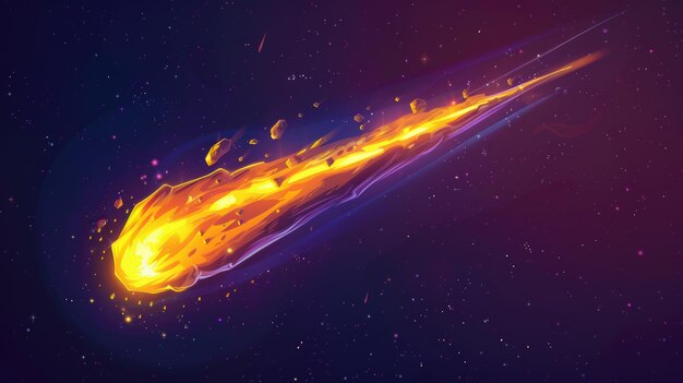 Photo this is a real 3d modern illustration of a space meteor comet or asteroid shining in the sky with a fire trail it is an image of the meteor comet or asteroid falling down with a glowing tail of