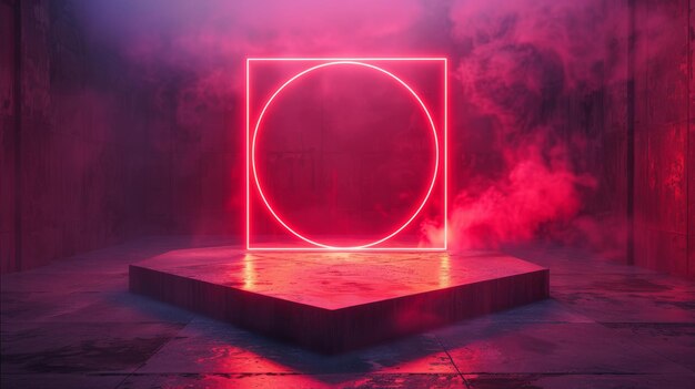 This is a red neon light square shape of product display with a circle light background futuristic and technology concepts pedestals podiums stands 3D renderings are included