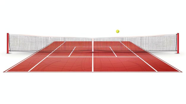 Photo this is a rendering of a tennis court the court is made of red clay and has a net in the middle a yellow ball is flying over the net