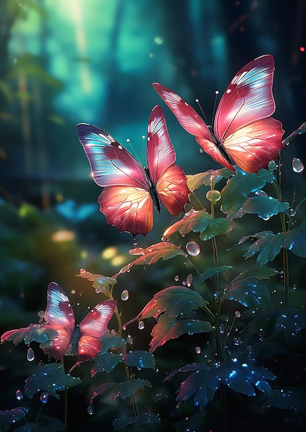 This is a scene of natural beauty, with beau butterflies and a soft, translucent fabric folding in the rain. the deep droplets fall from the sky, creating a heavenly landscape. this is an avatar's dre