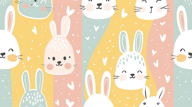 This is a seamless pattern of cute and colorful rabbits