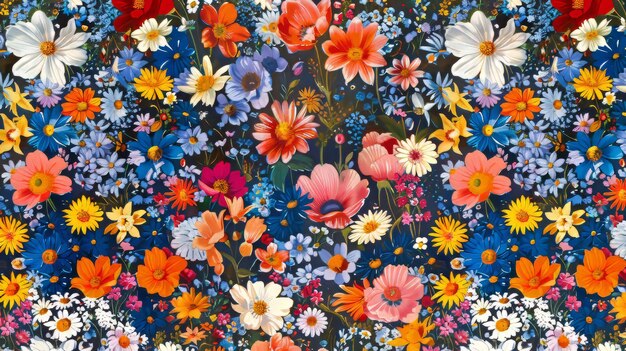 Photo this is a seamless pattern of a spring meadow bursting with flowers for fashion wallpapers and prints the field is full of different flowers in the liberty style