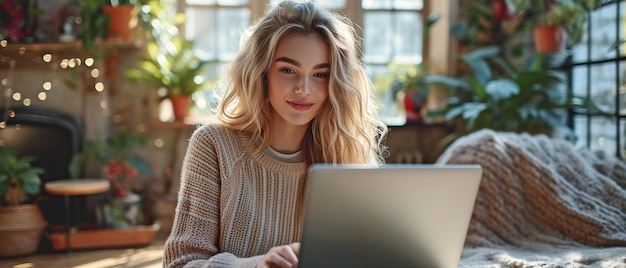 Photo this is a side view image of a happy young woman in casual clothing resting on the floor next to an open window and using a laptop during her quarantine period