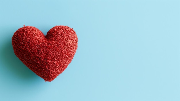 This is a simple image of a red plush heart on a blue background