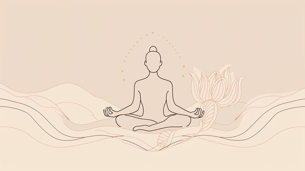 Photo this is a simple line drawing of a person meditating in a lotus position the person is surrounded by a lotus flower and is sitting on a wave