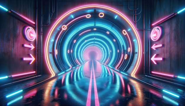 This is a striking image of a neonlit tunnel with circular patterns and glowing lines giving a sense of motion towards a hightech or virtual destination futuristic vibrant corridor illuminated