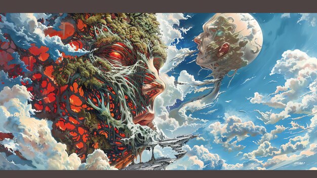 This is a stunning digital painting of two giant heads in the sky The head on the left is made of organic material like tree branches and leaves