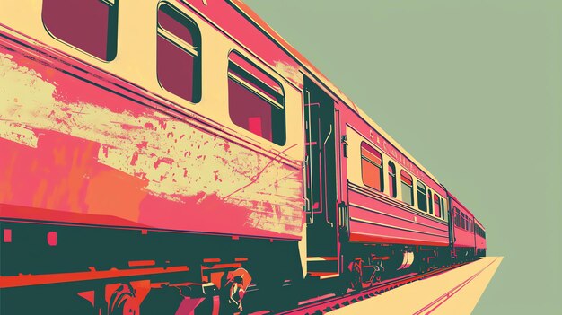 This is a vector illustration of a pink and red train The train is viewed from a low angle and the tracks are receding into the distance