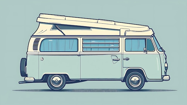 This is a vector illustration of a vintage camper van in a retro style The van is light blue and white with a popup roof