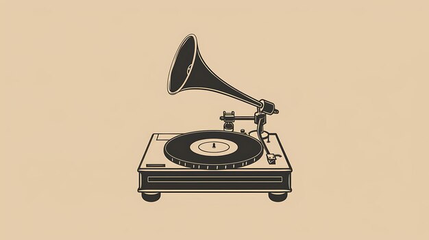 This is a vector illustration of a vintage record player The record player is black and has a hornshaped speaker It is playing a record