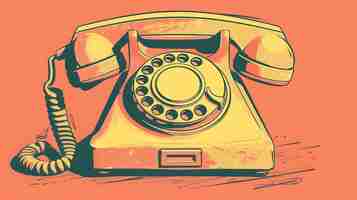 Photo this is a vector illustration of a vintage rotary dial telephone the phone is yellow and has a green dial the background is a solid orange color