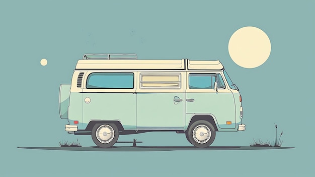 This is a vector illustration of a vintage van in a flat color style The van is light blue and has a white roof