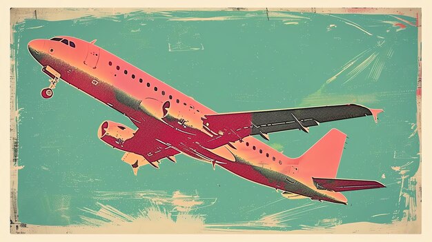 Photo this is a watercolor painting of a pink airplane taking off from a runway the plane is surrounded by a light blue background with a white border