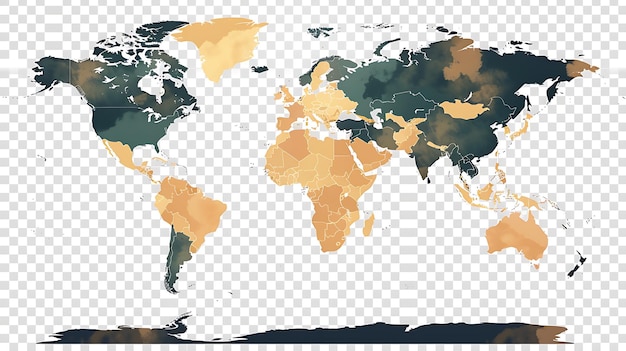 これは水彩画の世界地図です.国々は異なる色で描かれており,国境ははっきりと示されています.