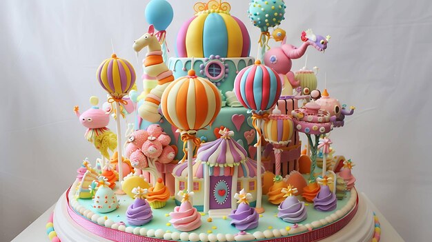 This is a whimsical and colorful 3D cake that looks like a magical carnival