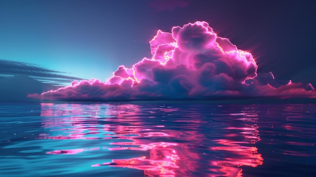 This is a wonderfully detailed 3d rendered seascape with an abstract neon background clouds glowing vertical lines and water