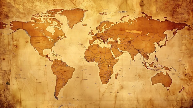 This is a world map in a vintage style The map has a sepia tone and a slightly distressed texture giving it an aged appearance