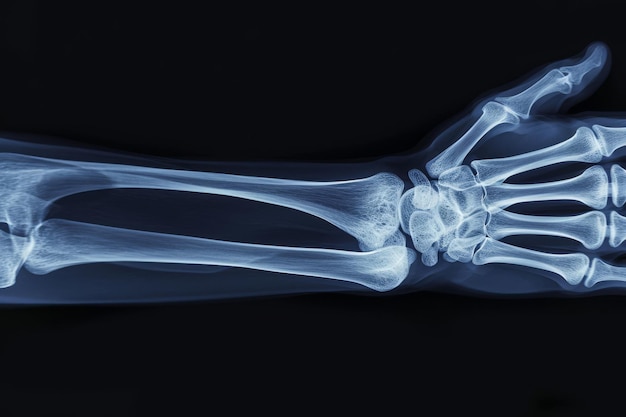 Photo this is an xray image of a human hand showcasing the skeletal structure and potential injuries within the hand complex structures of the wrist in xray ai generated