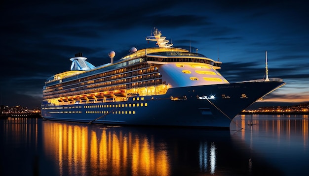 Photo this large cruise ship is docked at night in the style of blue and amber